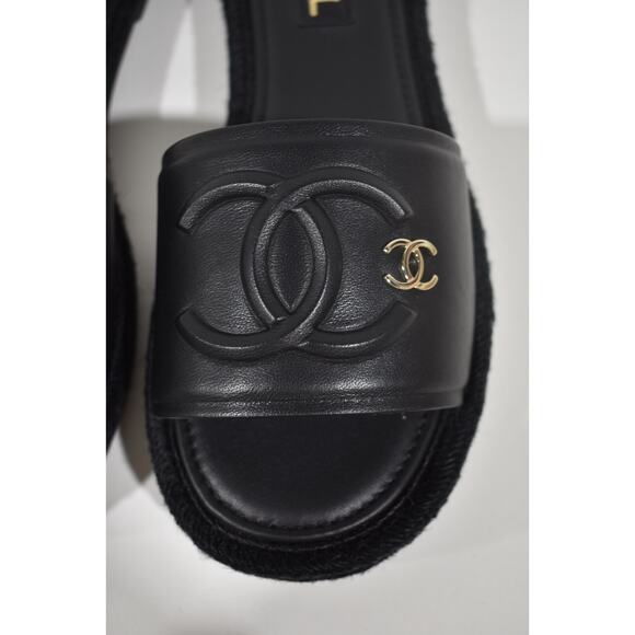 Chanel 23C Black Lambskin Leather CC Logo Slide Sandal Slip Espadrille Flat 40 - Picture 7 of 12